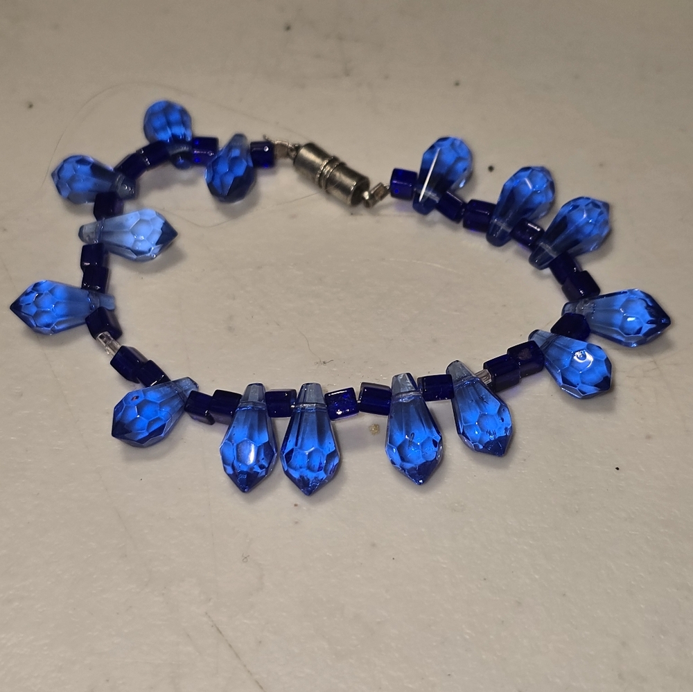 Vtg Handmade Facited Blue Beaded Bracelet Magnetic Clasp Lot 5